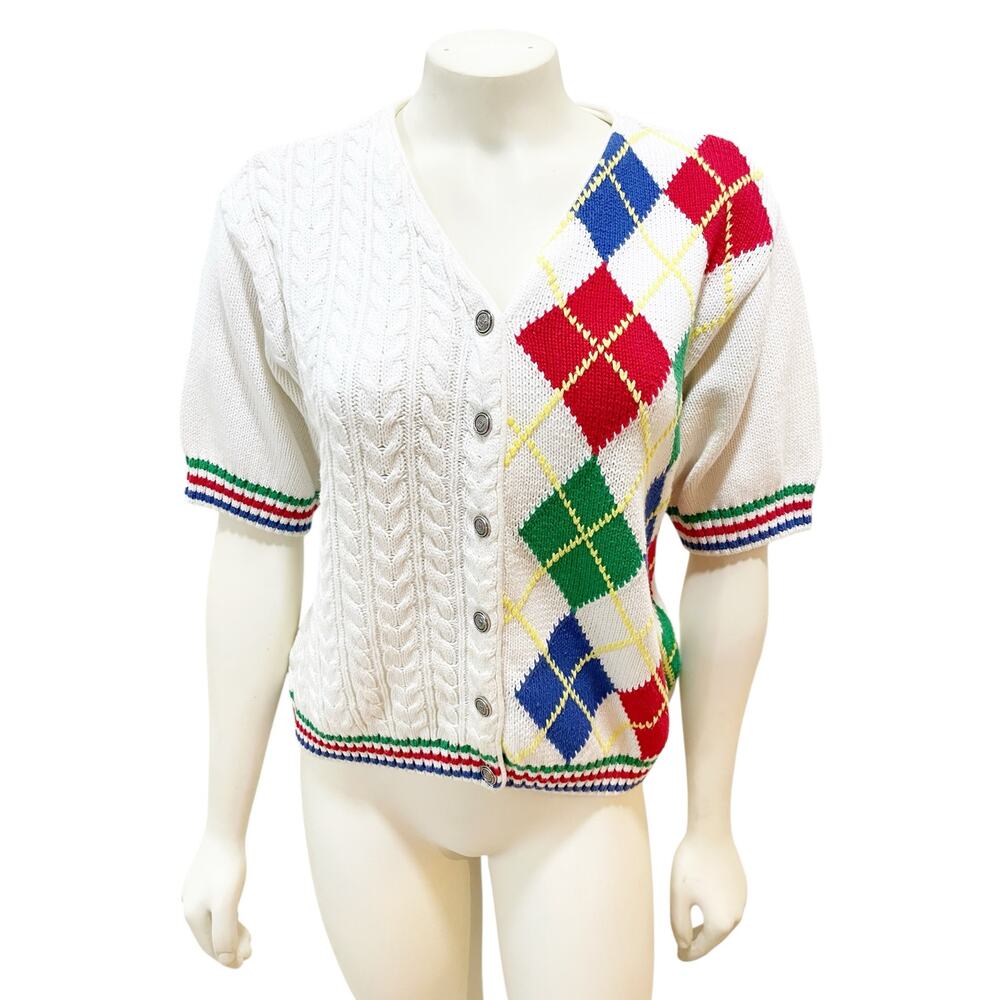 Liz Sport 90s Argyle Cable Knit Short Sleeve Tennis Sweater - Picture 3 of 6